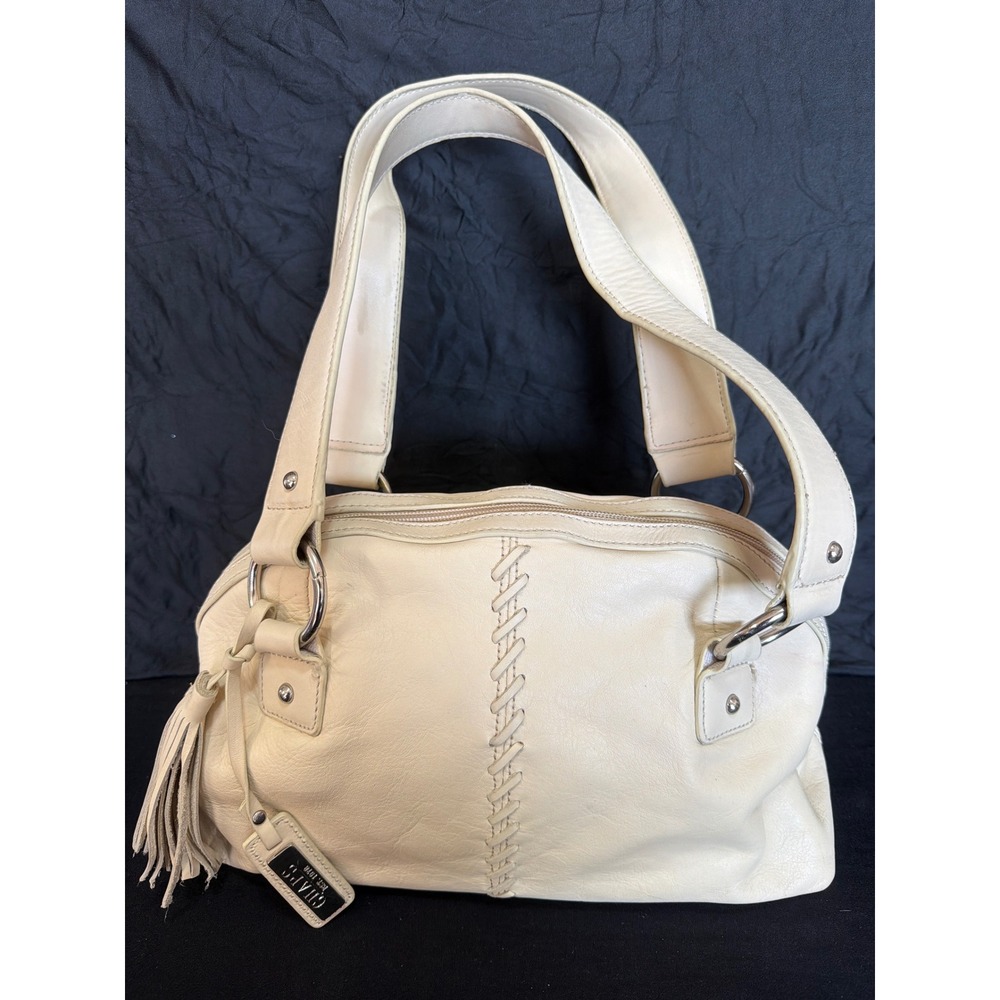 Chaps Cream Leather Whipstitch Tassel Shoulder Bag Hobo Purse